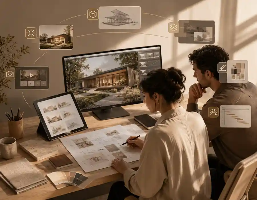 Architectural visualization workflow showing concept development evolving into polished presentation and rendering output