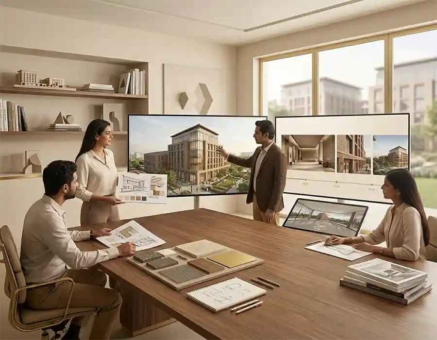 Creative studio environment showing premium architectural visualization, animation and immersive media work in progress