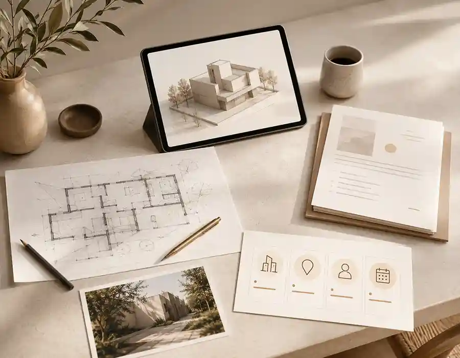 Project readiness board showing early-stage architectural inputs like sketches, brief notes, references and planning material