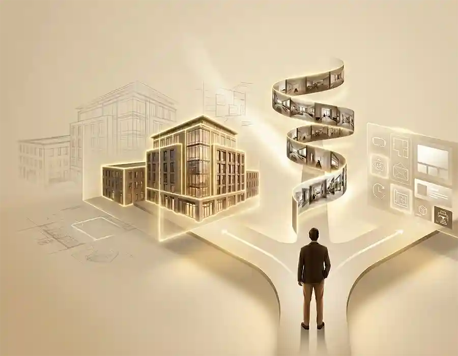 Conceptual architectural visualization decision guide showing different presentation formats converging into a clear direction