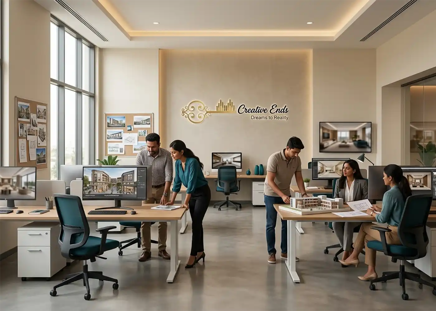 Creative Ends studio team working on architectural visualization and presentation design
